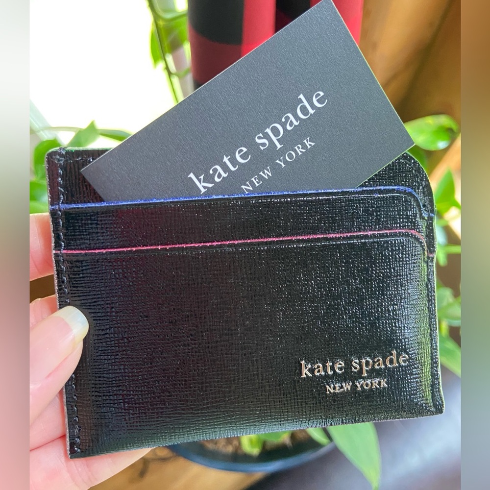 Kate Spade NY Black Leather Card Holder with Glittery Rainbow Stitching NWT